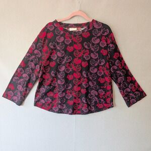 Komil Top Black Red Purple Botanical Print 100% Cotton Slub Pockets Women XL